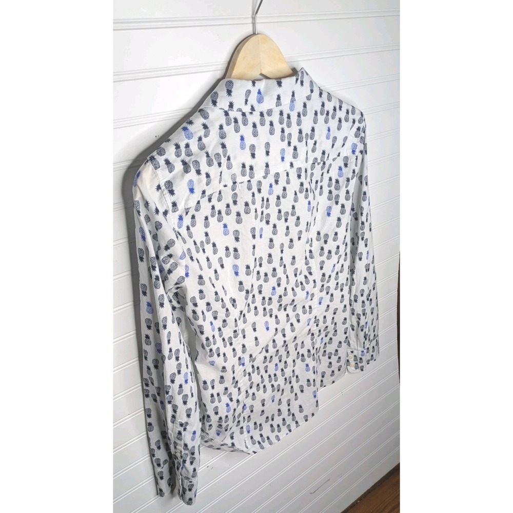 J Crew Women's Button Up Blouse Medium White Pineapples Long Sleeve 100% Cotton - Picture 6 of 8